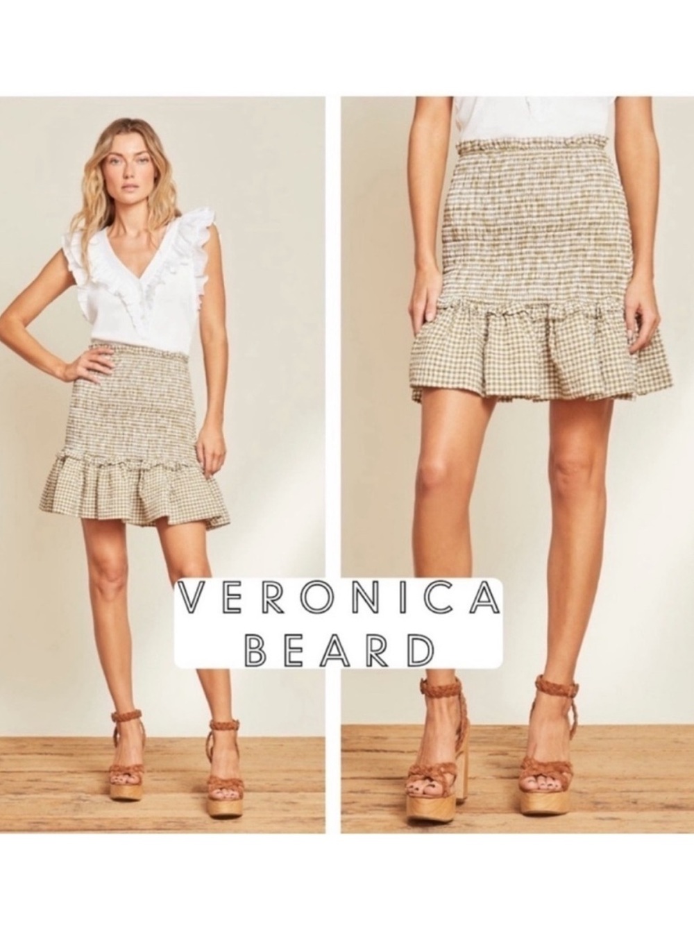Veronica Beard Jeans Aloya Smocked Gingham Mini Skirt Green White Size XS